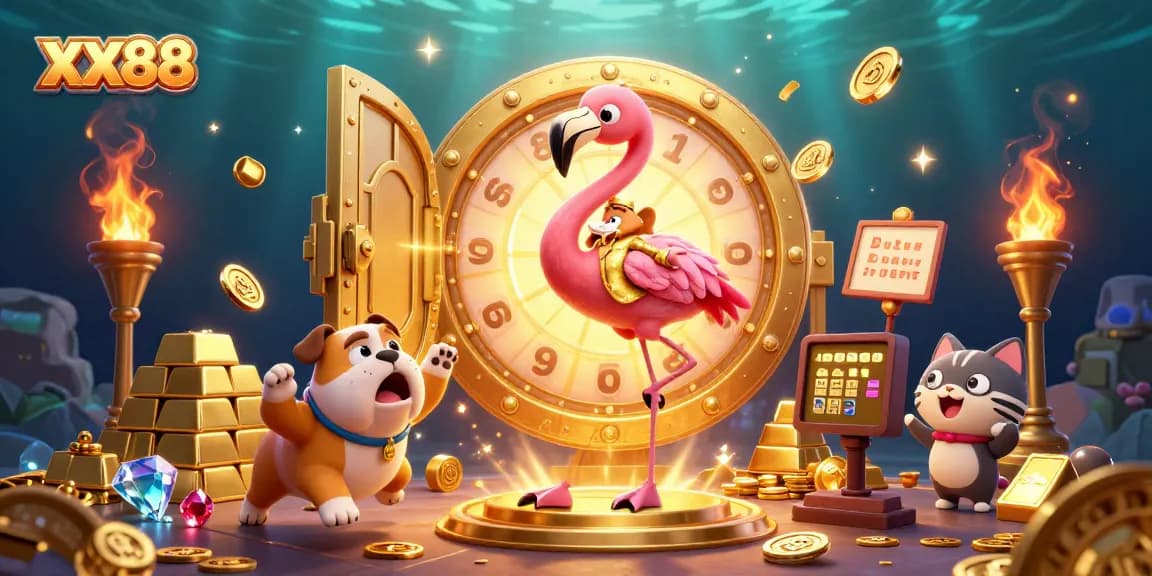 Engage in vibrant gaming action at XX88, featuring a dynamic prize wheel and exuberant characters.
