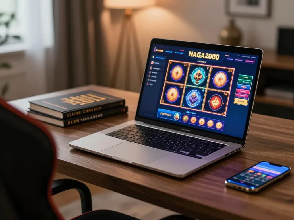 NAGA2000 online casino gaming setup with a laptop showing vibrant slot animations.