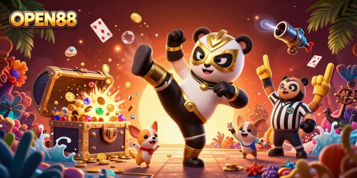 Catch the action at OPEN88 with a flying panda wrestler amidst a roaring crowd and treasure!