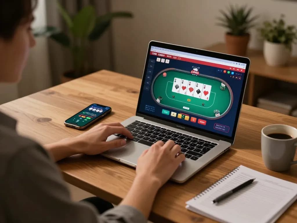 Player enjoying CM88's online casino gameplay on a cozy home gaming setup with warm lighting