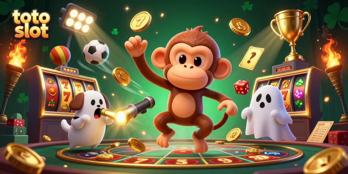 Engage with exciting toto slot action featuring a playful monkey juggling golden items in a haunted casino.