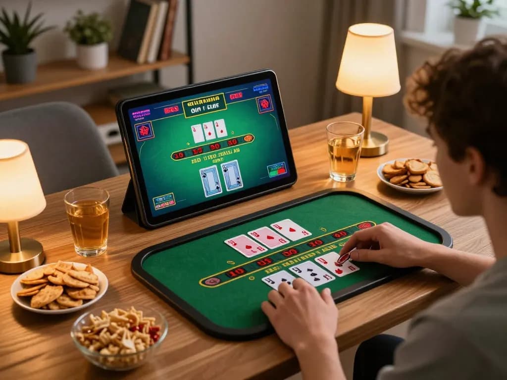 Player enjoying five88 live blackjack on tablet in a cozy gaming nook with snacks.
