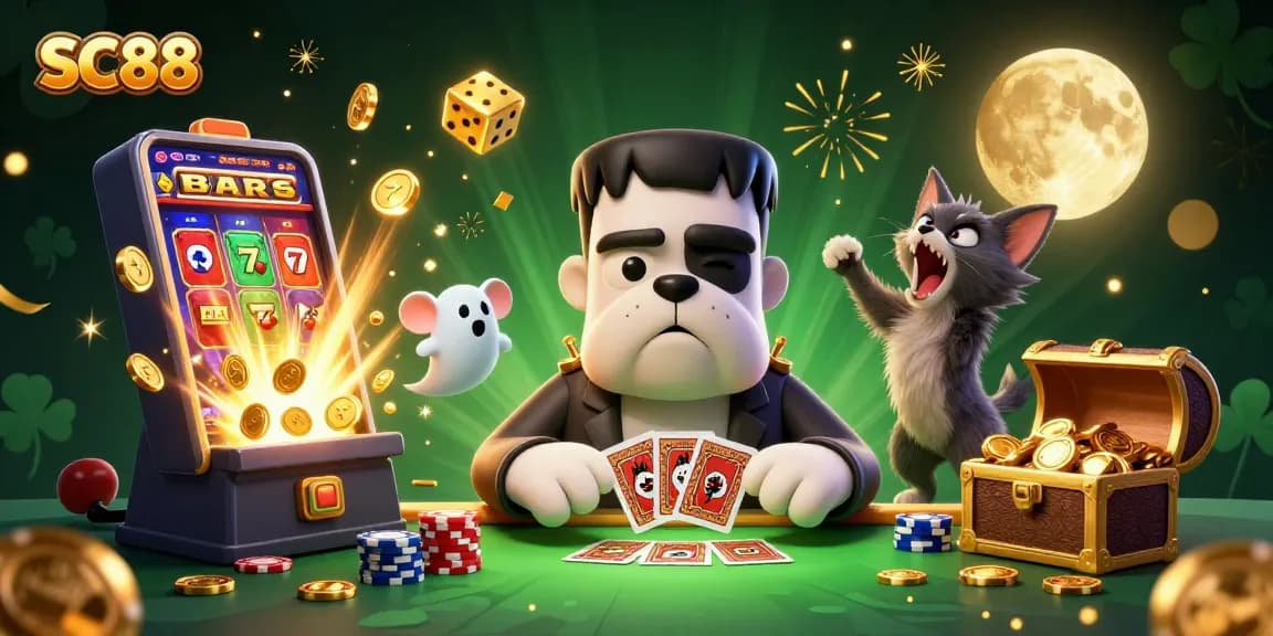 Spin the reels with SC88's lively characters amid a jackpot explosion and vibrant casino elements.
