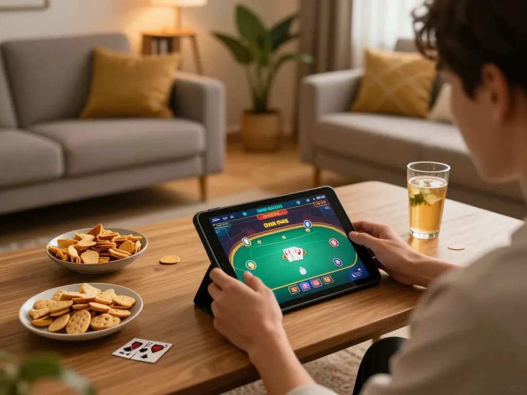 IWIN online casino gameplay on a tablet from a cozy home setup with snacks.