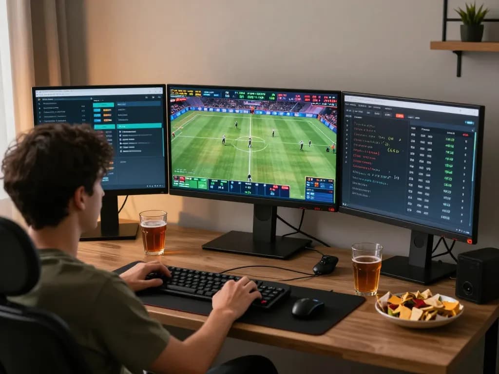 Person engaged in live sports betting experience on THABET, showcasing multiple screens and a lively atmosphere.