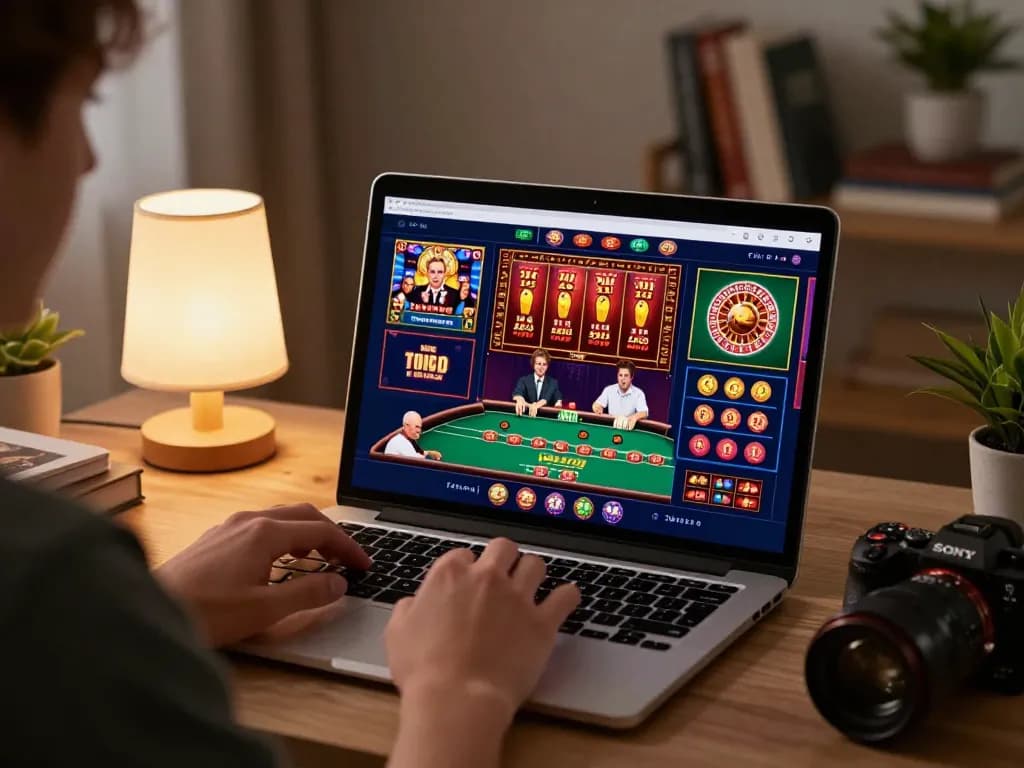 Engaging with Canada online casinos featuring poker, slots, and live dealer games on a laptop.