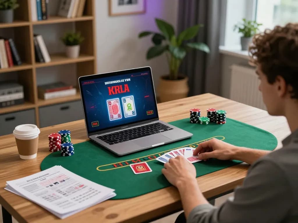 VT88 player engaged in live dealer blackjack game on a laptop, chips visible, comfortable home office.