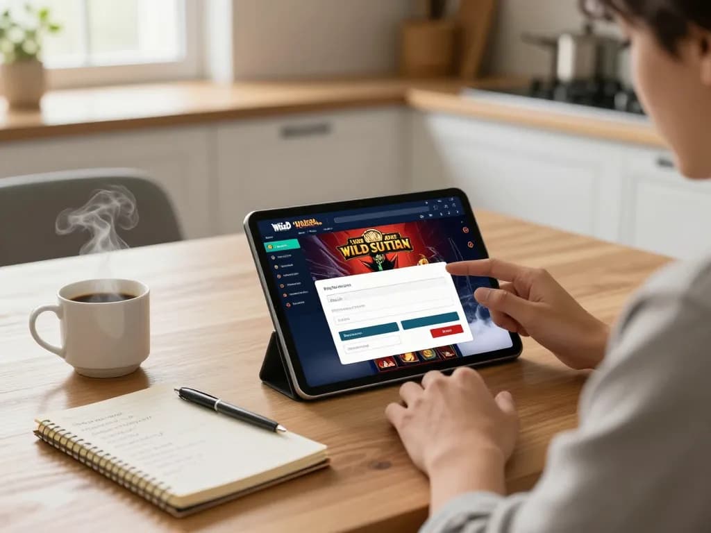 Engaging in Wild Sultan inscription process on a tablet, showcasing registration fields and gaming strategies for new players.