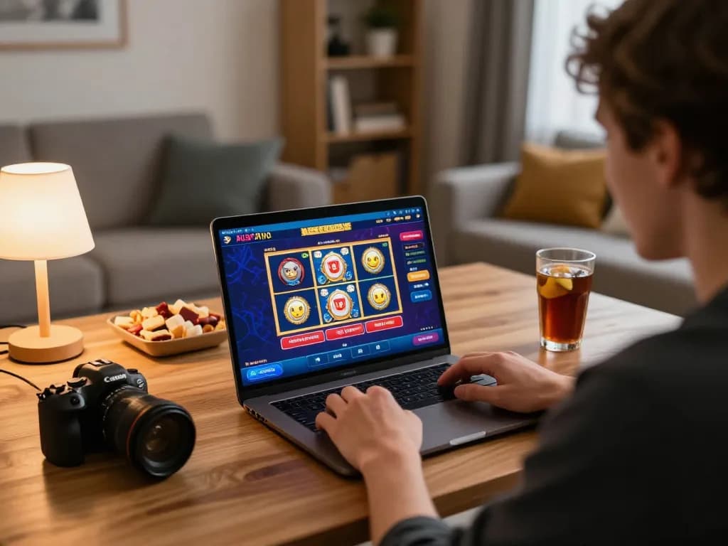 Alev Casino player engages with online slots on laptop in a cozy home setting, enjoying responsible gaming