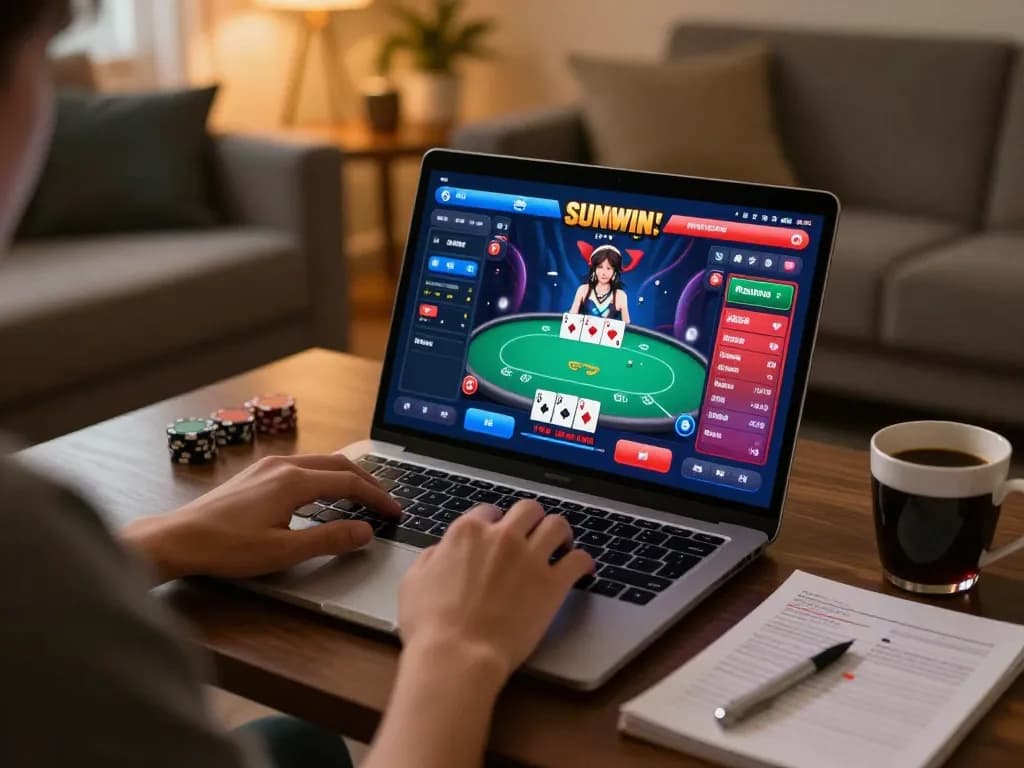 Engaging in online gaming at SUN WIN, showcasing a lively poker session with a cozy home setting.
