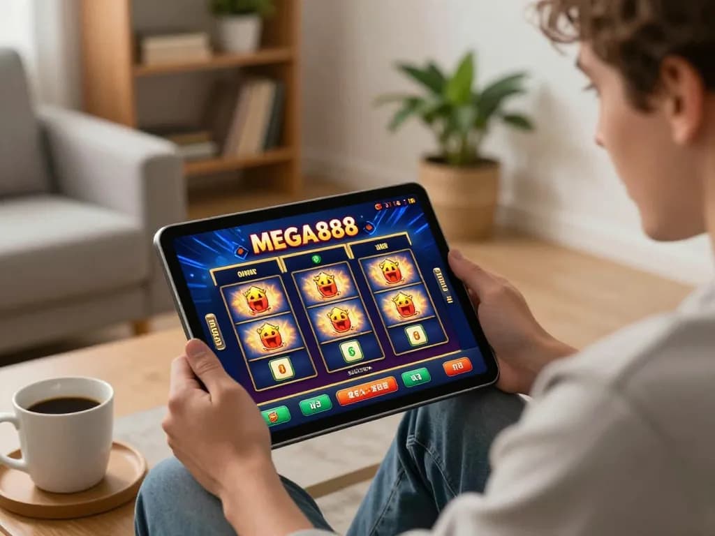 Player enjoying MEGA888 slot games on tablet in a cozy living room setup.