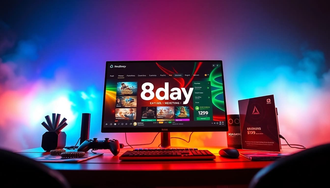 Engaging 8day gaming interface showcasing rewards and promotions in an exciting environment.