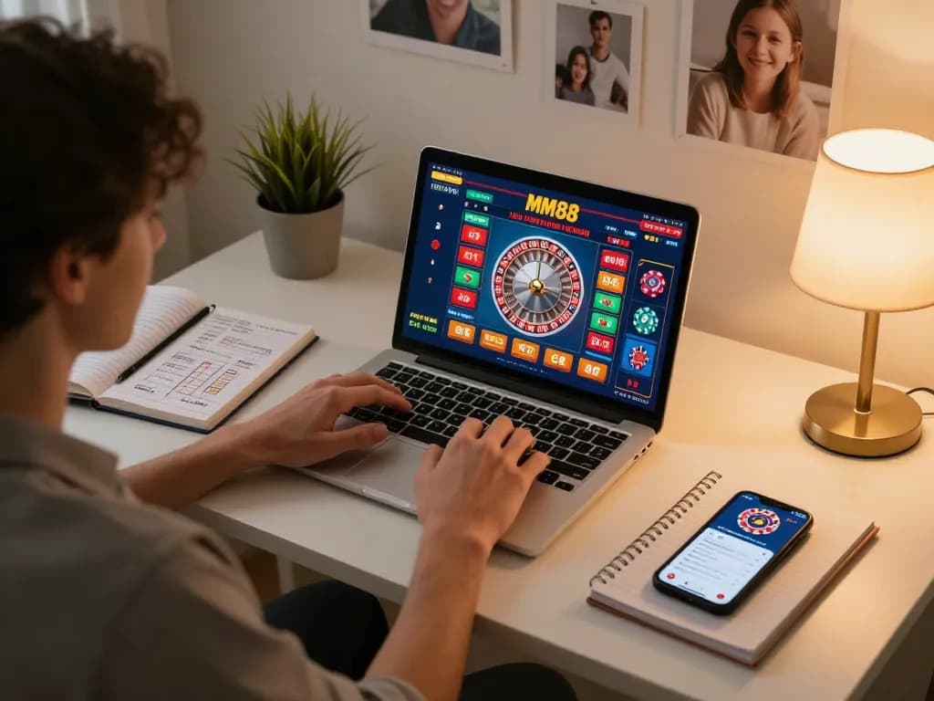 Player engaging in MM88 online roulette from a stylish home desk with strategic notes.