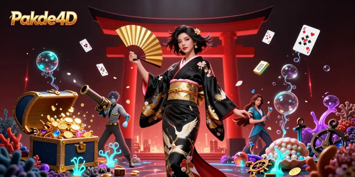 Pakde4D showcases an elegant Asian woman in a traditional kimono amidst a vibrant casino scene.