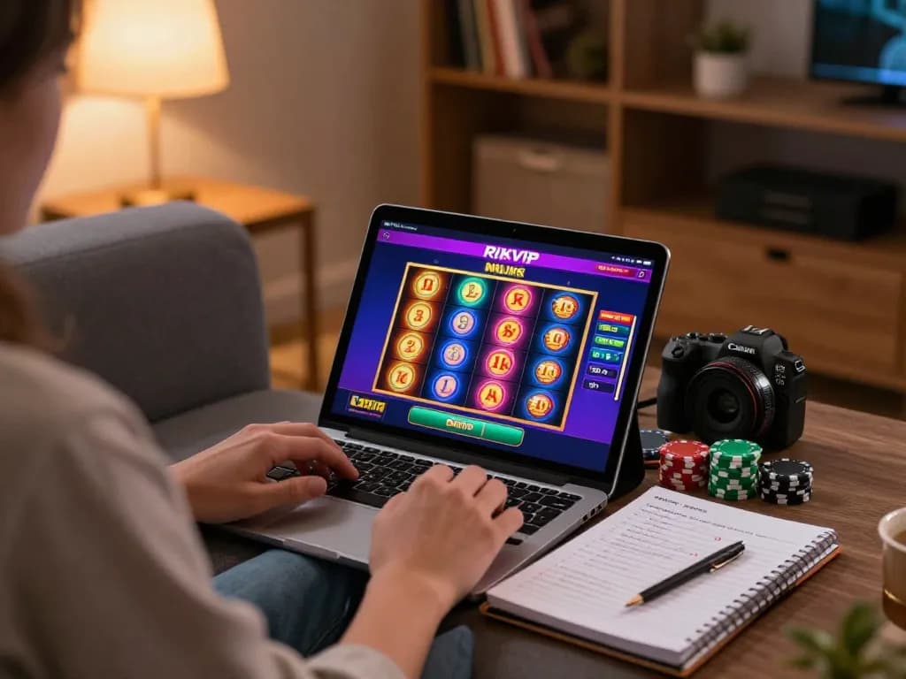 Person enjoying online gambling at home using rikvip tablet for slot games, cozy gaming atmosphere.