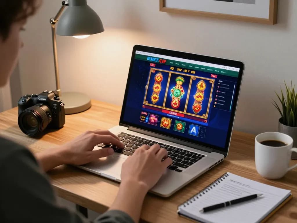 KUBET online gaming scene with a player engaging in slot games at home, showcasing a cozy atmosphere.