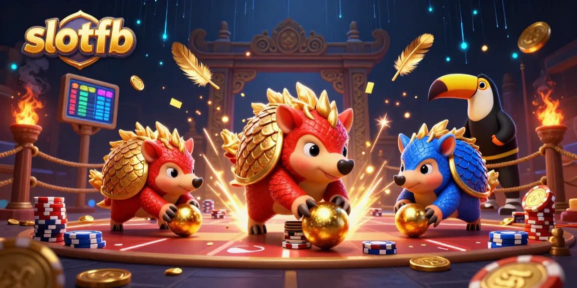 Slotfb features rival pangolins competing in a vibrant casino-themed arena with dynamic gambling elements.