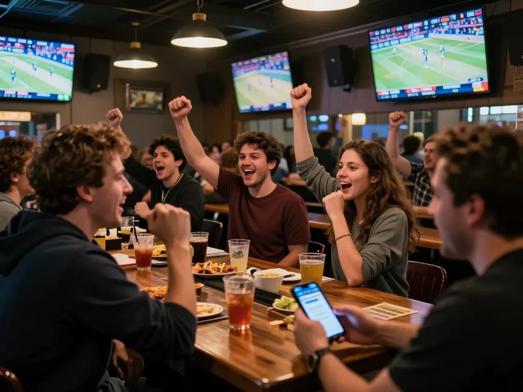Engaged bettors using the debet app at a vibrant sports bar during a live game.