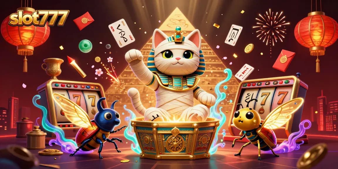 Experience the excitement of slot777 as a cartoon mummy cat bursts from a golden sarcophagus surrounded by vibrant casino elements.