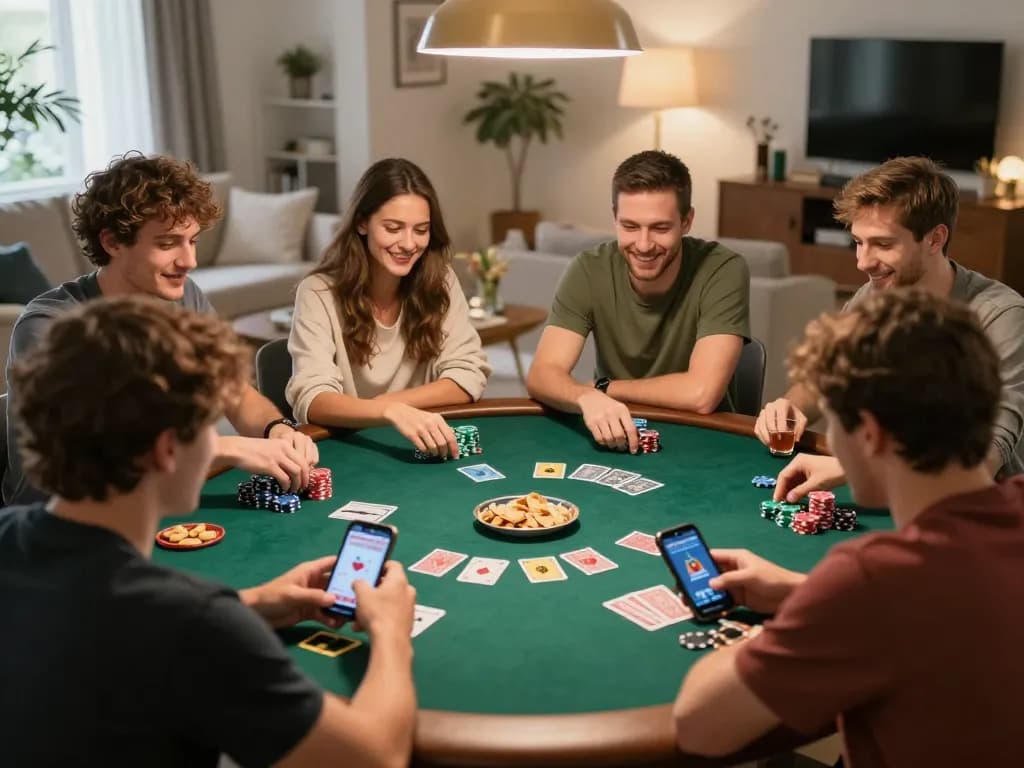Friends enjoying poker night, strategizing their bets with 98win on display in device screens.