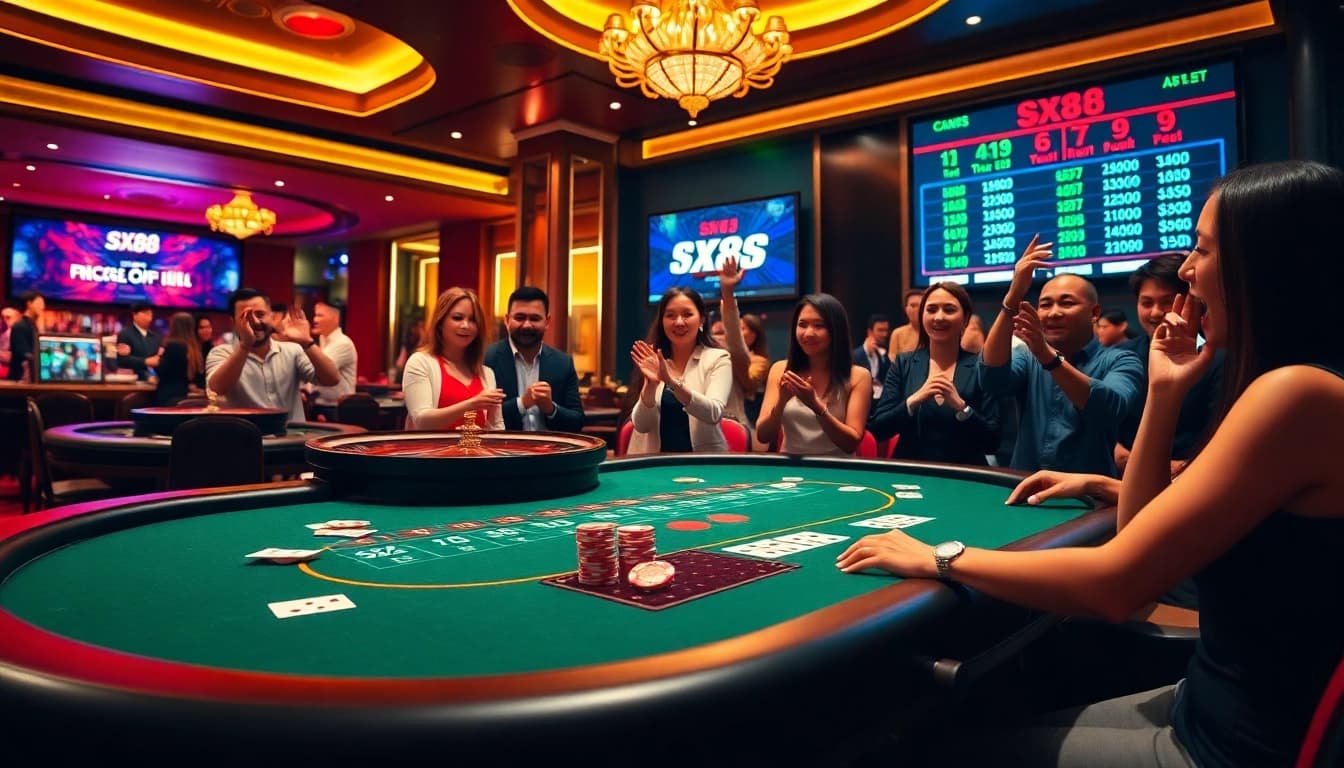 Gamblers engaging in a thrilling SX88 casino experience at a lavish poker table.