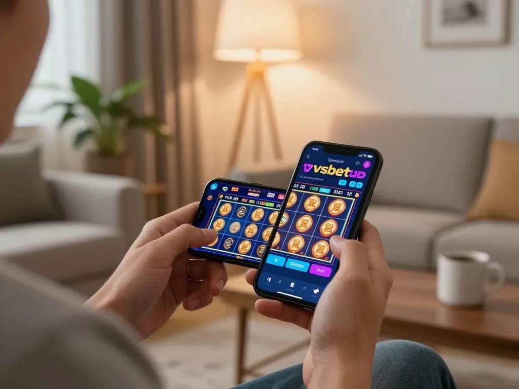 Player enjoying an exciting vsbet slot game on their smartphone in a cozy living room.