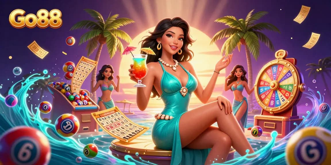 Win big at Go88 with vibrant casino scenes featuring fun lottery activities and tropical vibes.