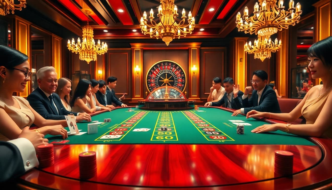 Excited players engaging at the baccarat table in a luxurious casino setting at 99ok.