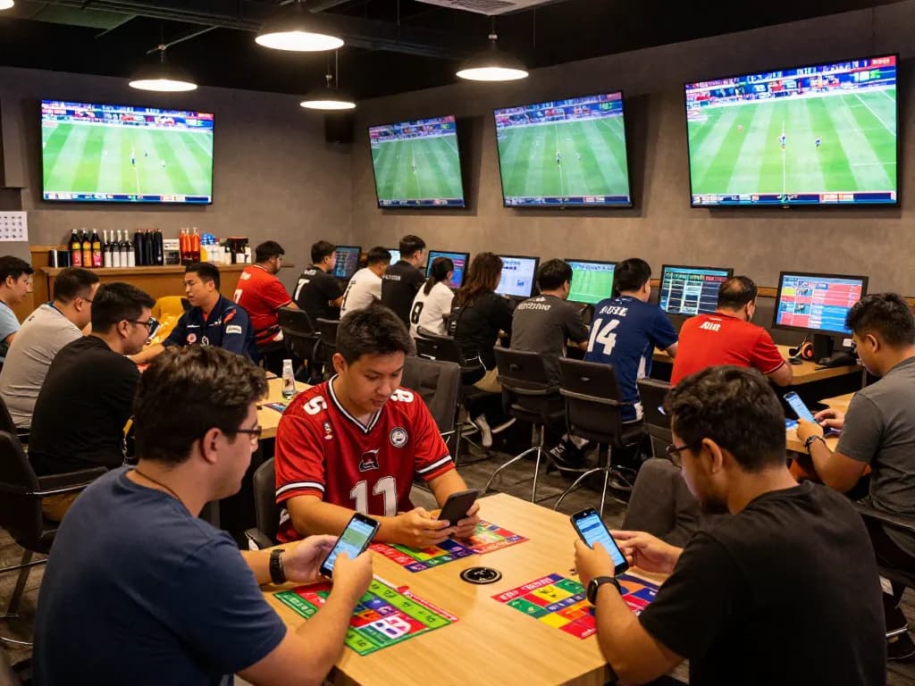 Experience the thrill of kèo nhà cái trực tiếp in a lively sports betting lounge full of vibrant fans.