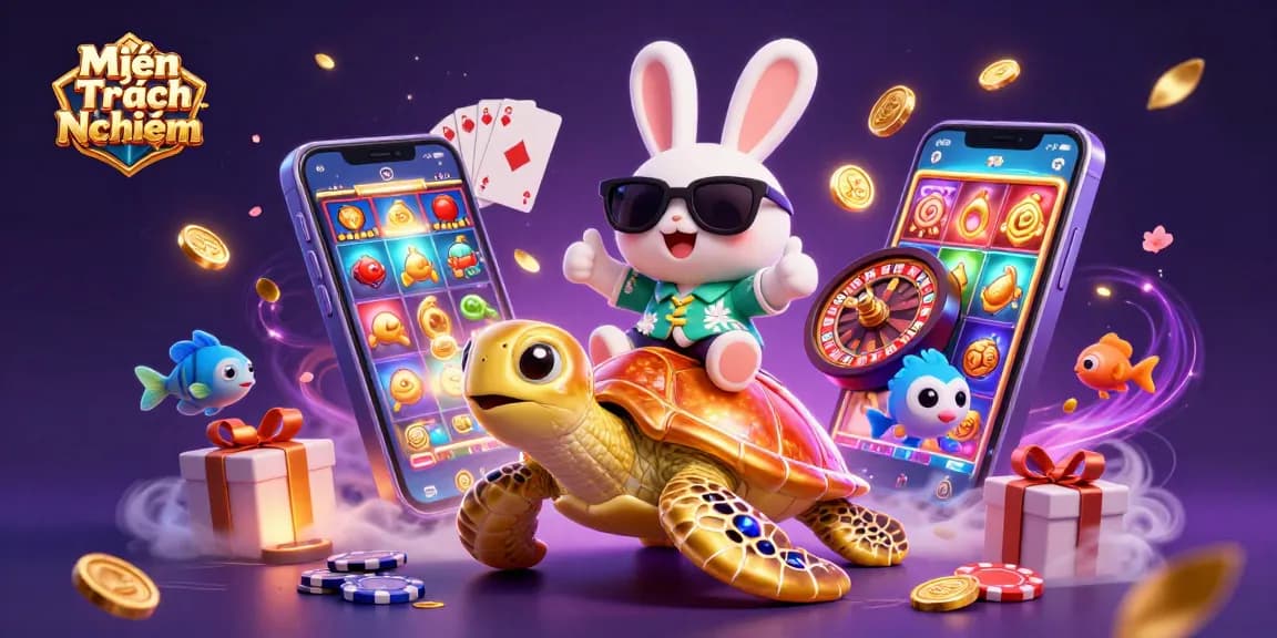 Experience Miễn Trách Nhiệm with lucky rabbit and golden turtle in vibrant casino scene.
