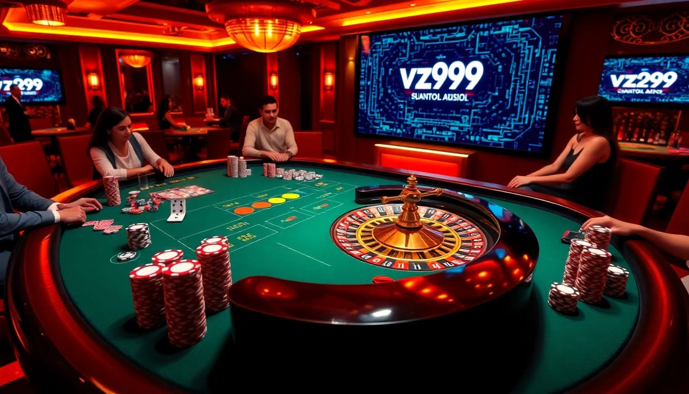 Experience the thrilling ambiance of VZ99 Casino with poker chips and roulette excitement.