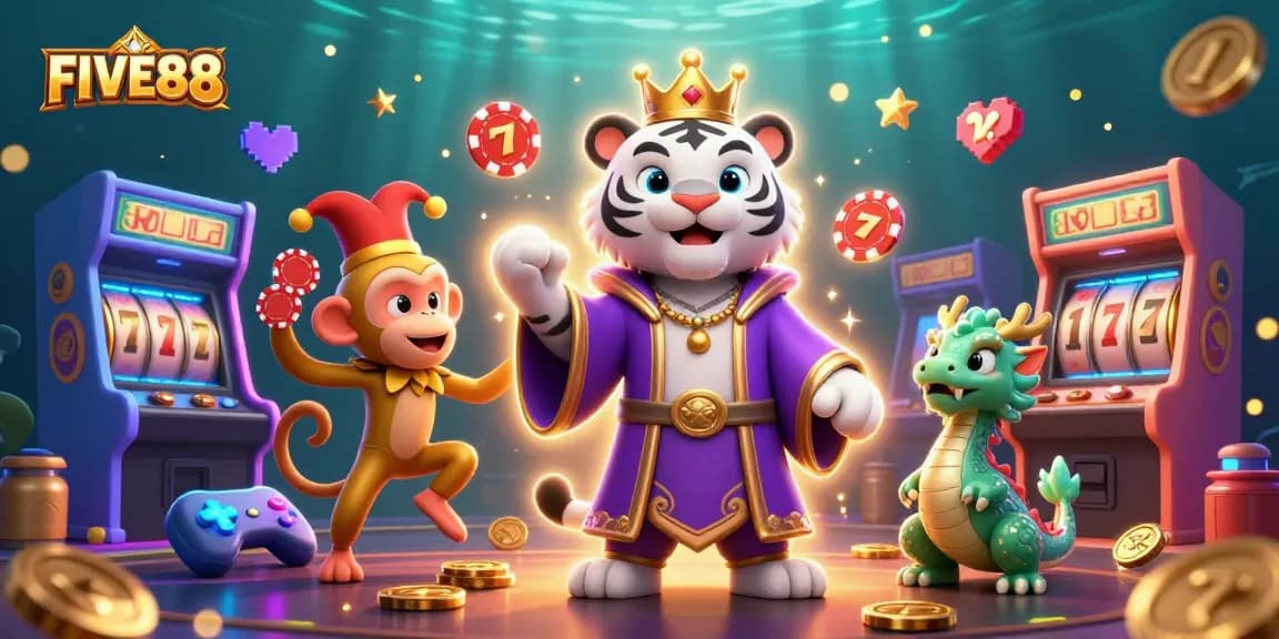 Experience the thrill of winning at FIVE88, with casino games and joyful characters in play.