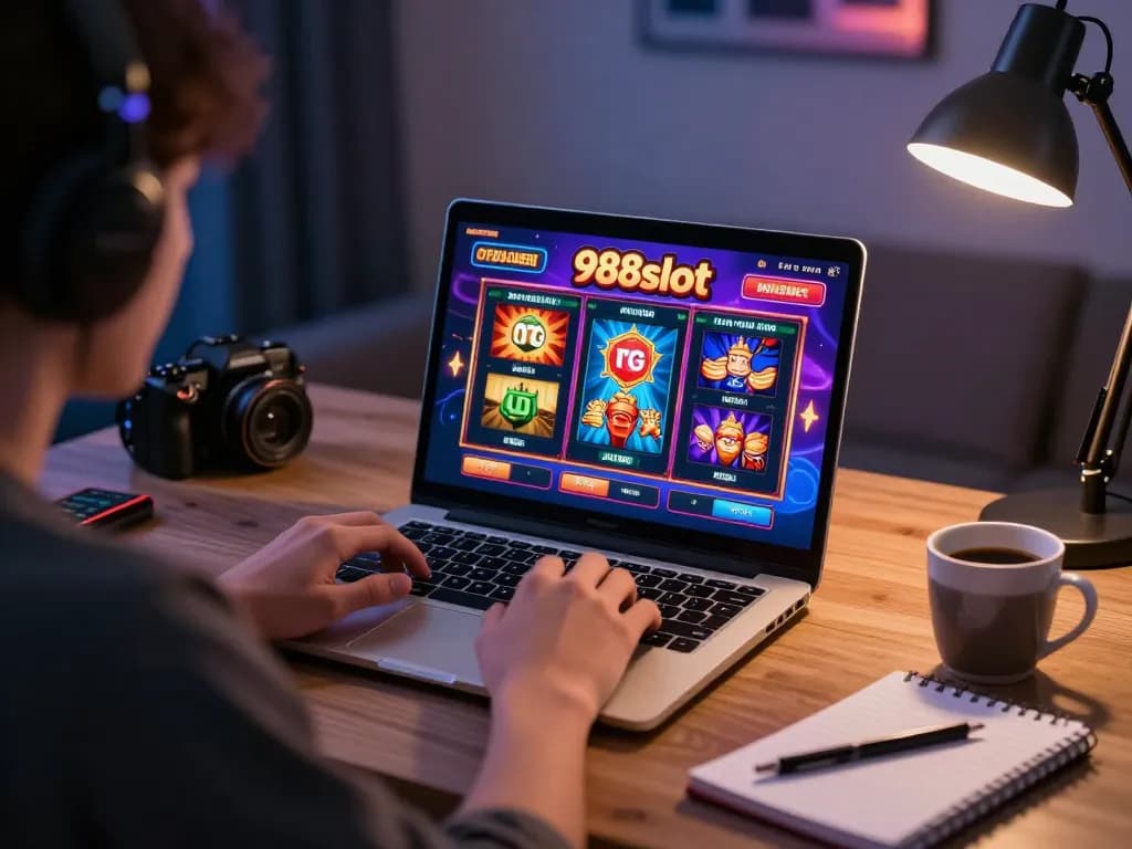 Experience thrilling gameplay with 988slot on a sleek laptop in a cozy home office setup.