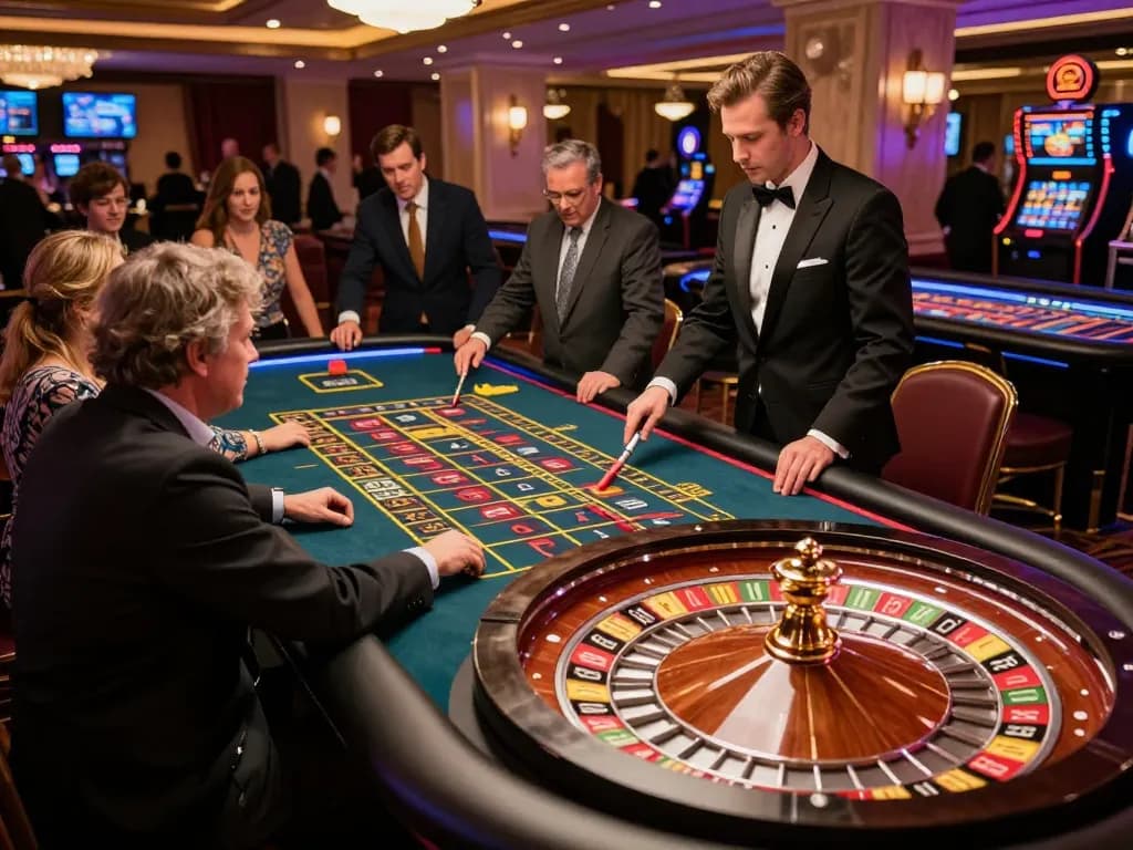 Engage with viral88 at the roulette table in a lively casino environment.