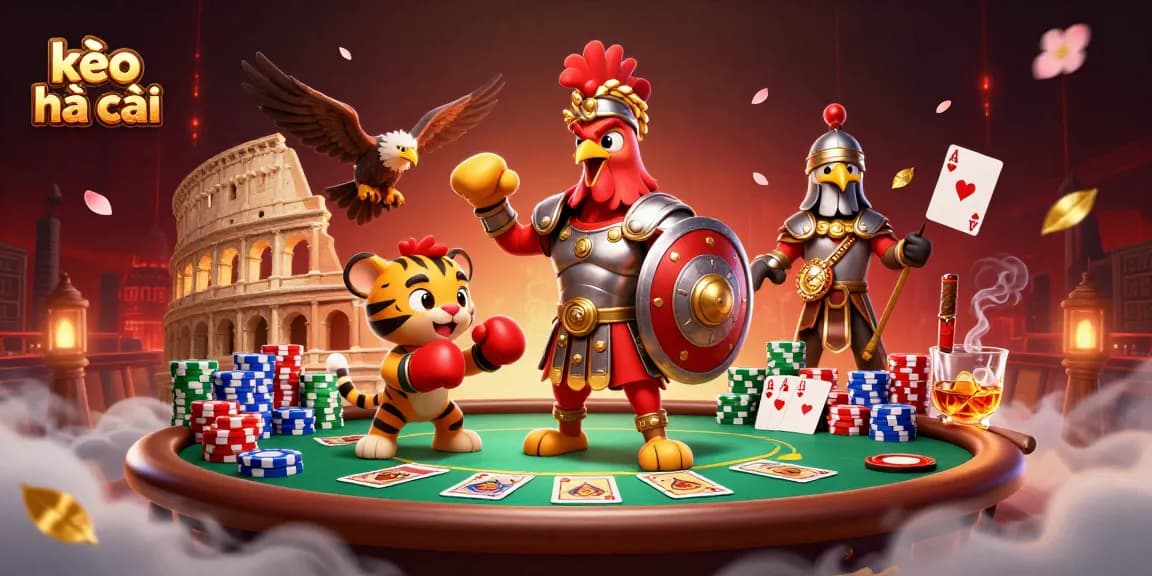 Engage with kèo nhà cái in a vibrant arena scene, featuring a gladiator rooster and a tiger cub.