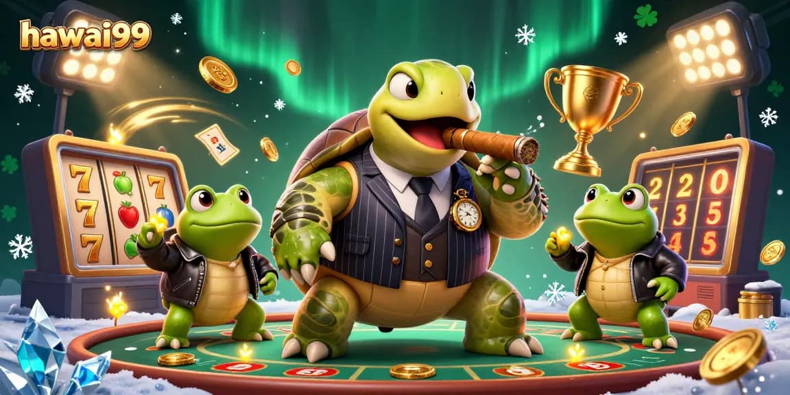 Engage in thrilling experiences at hawai99 with cartoon turtle mobster and casino atmosphere.