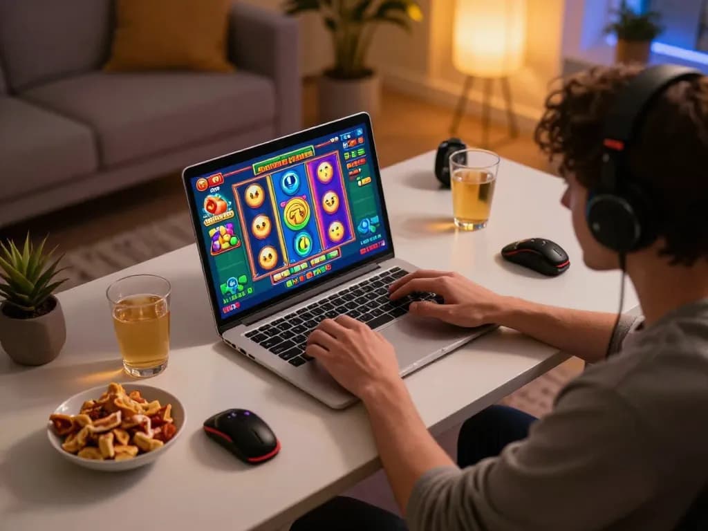 Player enjoying an exciting slot bonus game on a laptop in a cozy home setting.