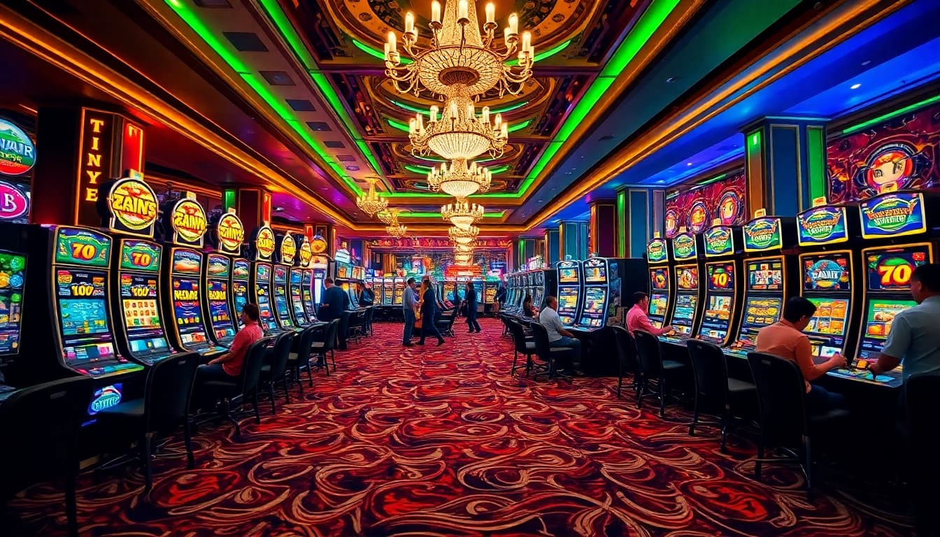 Players enjoying slot game terbaru di sini at an exciting casino with vibrant machines.