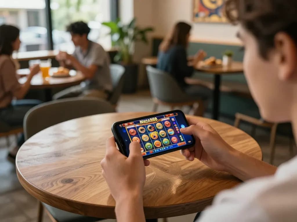Downloading Mega888 APK while enjoying a social gaming experience at a stylish cafe table.