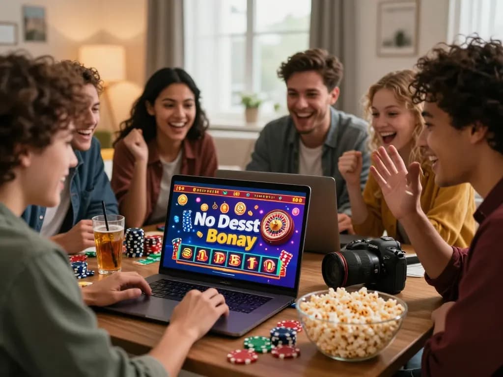 Friends celebrating a No Deposit Bonus offer in a cozy living room with lively casino graphics.