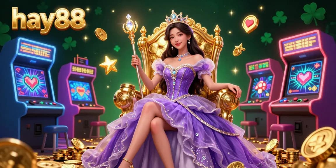 Experience exhilarating wins at hay88 with a stunning 3D illustration of an Asian princess surrounded by vibrant gaming elements and gold.