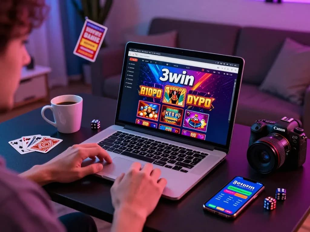 Player enjoying the 3win online gambling platform with gaming accessories in a stylish living room.