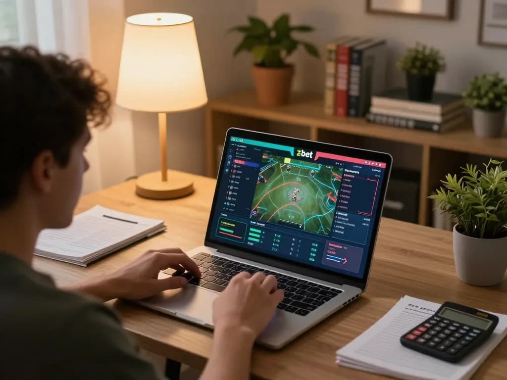 A person actively engaging with zbet sports betting via laptop and smartphone in a cozy home office.