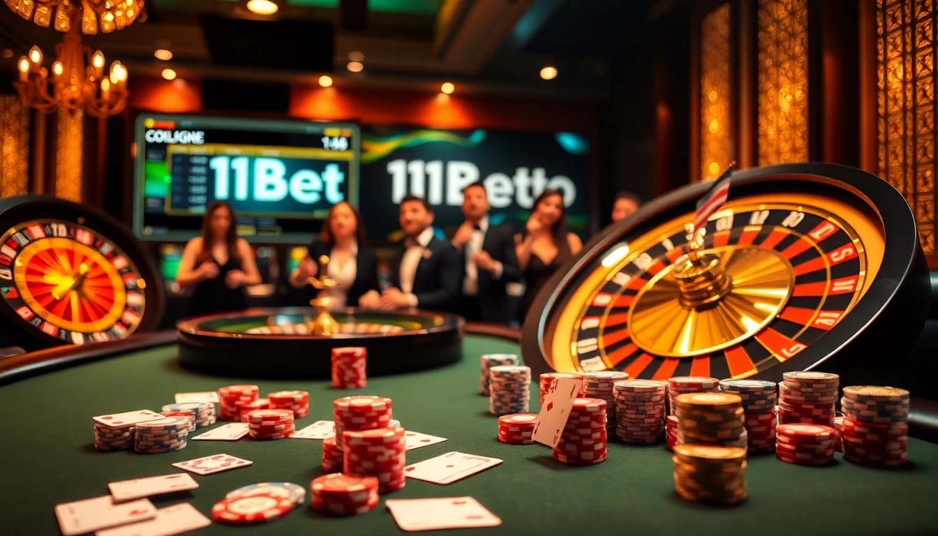Experience thrilling games at 11bet.college with a vibrant casino atmosphere featuring poker chips and roulette.