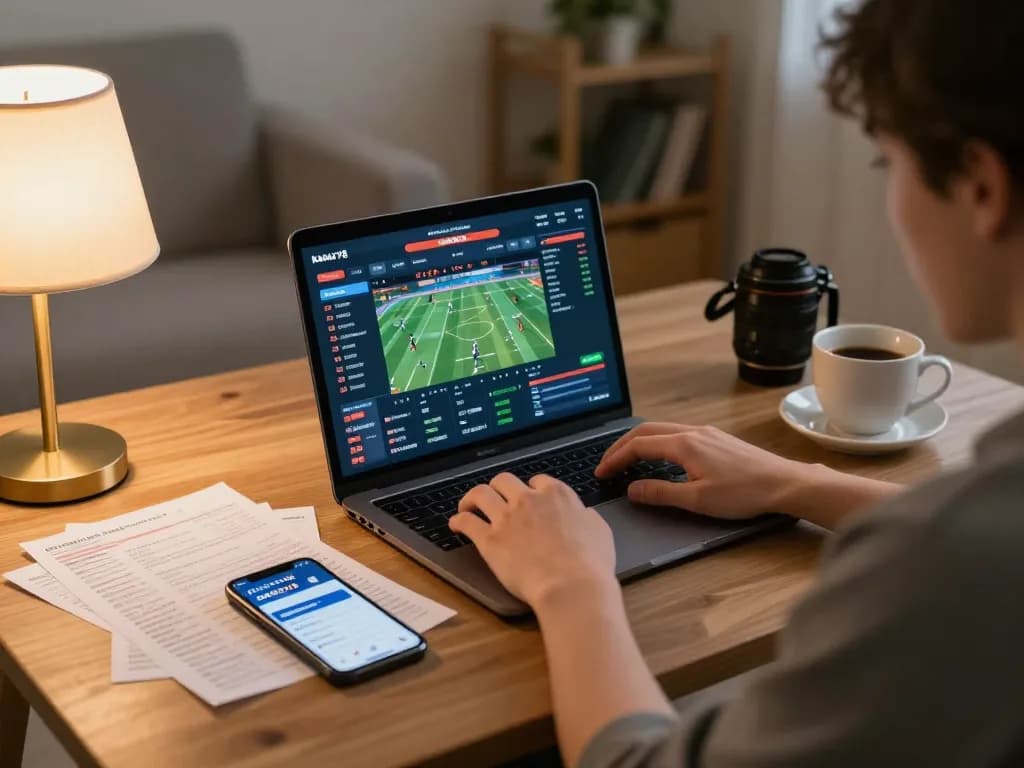 KADAL778 user analyzing sports stats and placing bets in a cozy home setting, emphasizing strategic wagering