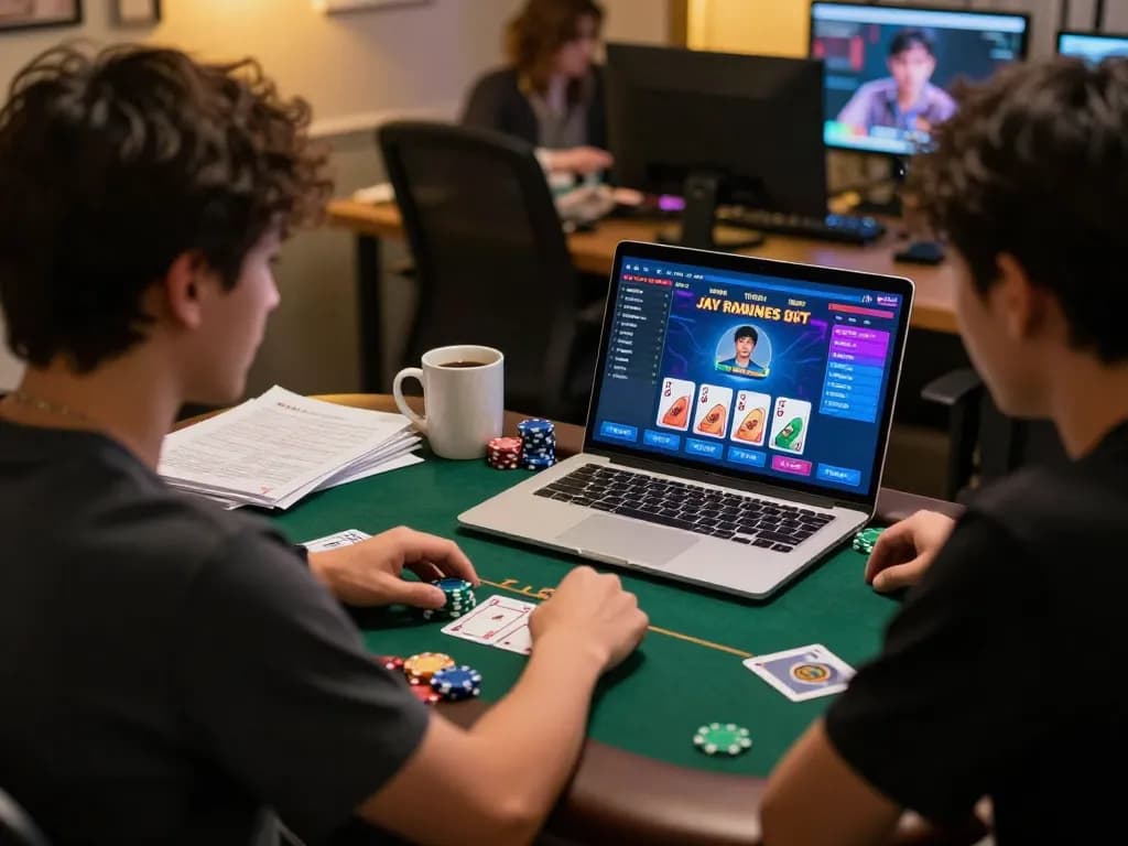 Jay Trần strategizing poker moves during an online gaming session at home.