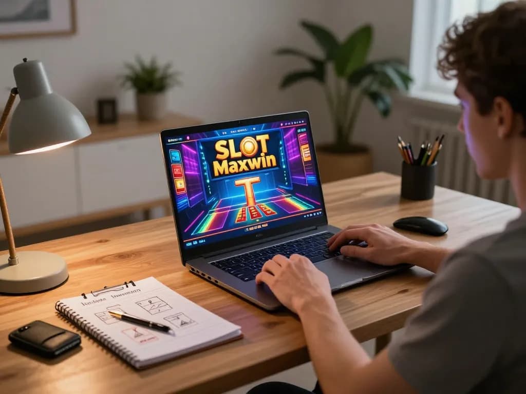 Engaged player spins Slot Maxwin on laptop, showcasing thrilling online gaming experience.