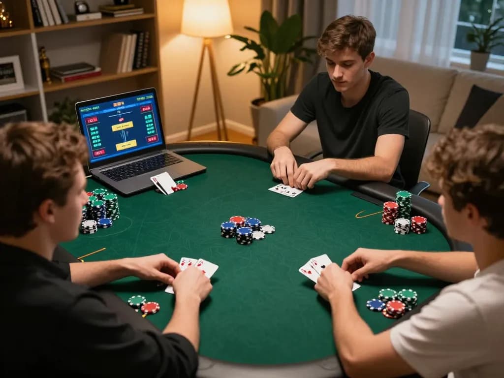Engaging online poker scene with players using lode88 interface in a cozy setting.