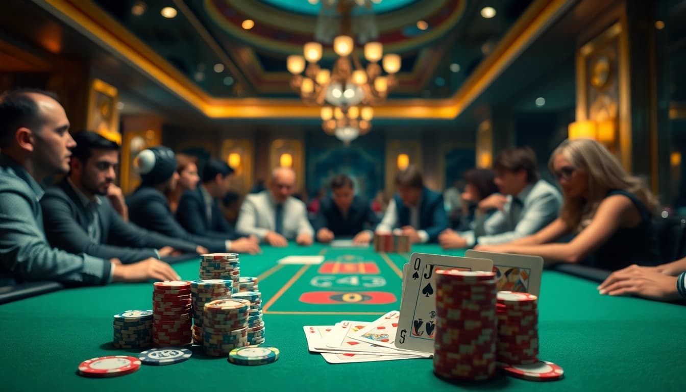 Poker88 yang menarik di meja kasino dengan pemain yang bersemangat.