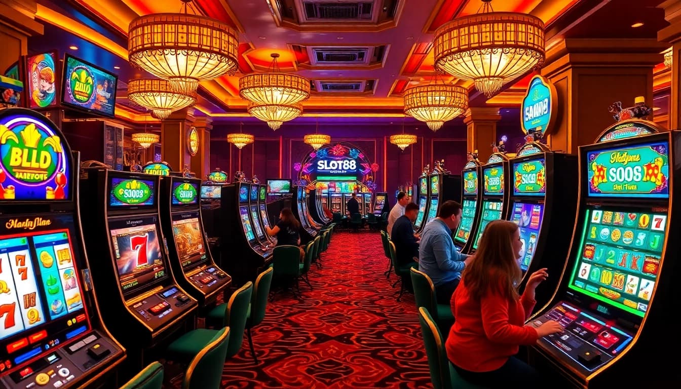 Pemain menikmati sensasi permainan slot88 di tengah latar belakang kasino yang menakjubkan.